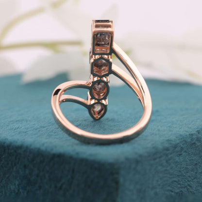 Modern Bypass Ring – Vertical Salt & Pepper Diamond in Rose Gold
