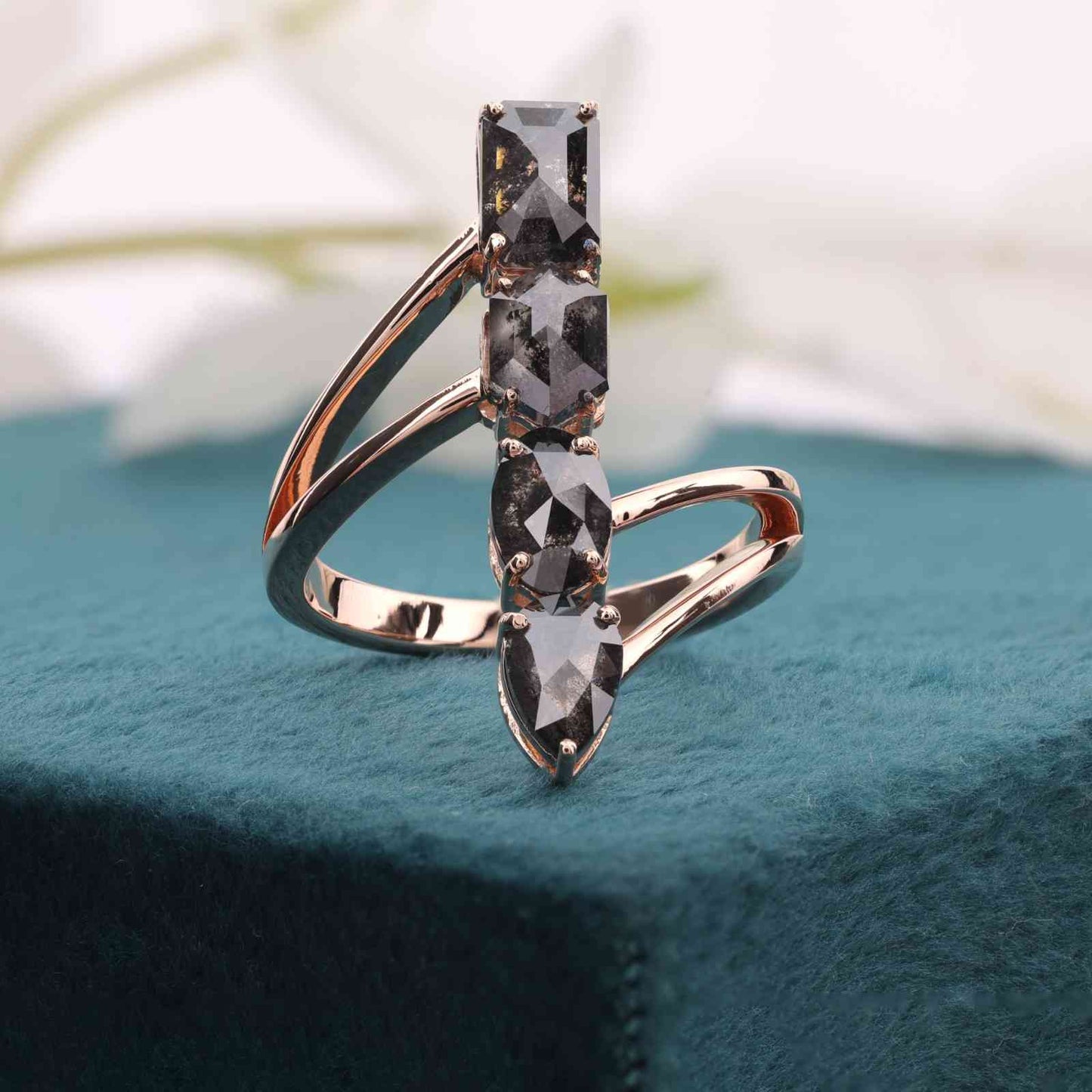 Modern Bypass Ring – Vertical Salt & Pepper Diamond in Rose Gold