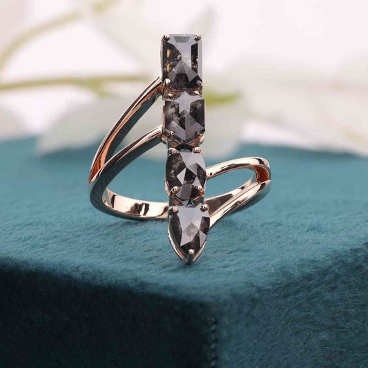Modern Bypass Ring – Vertical Salt & Pepper Diamond in Rose Gold
