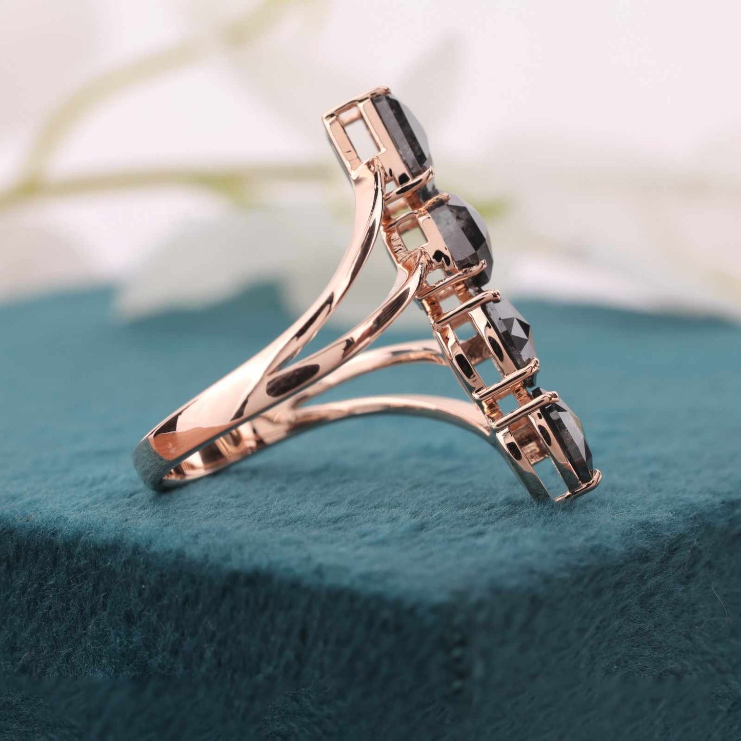 Modern Bypass Ring – Vertical Salt & Pepper Diamond in Rose Gold