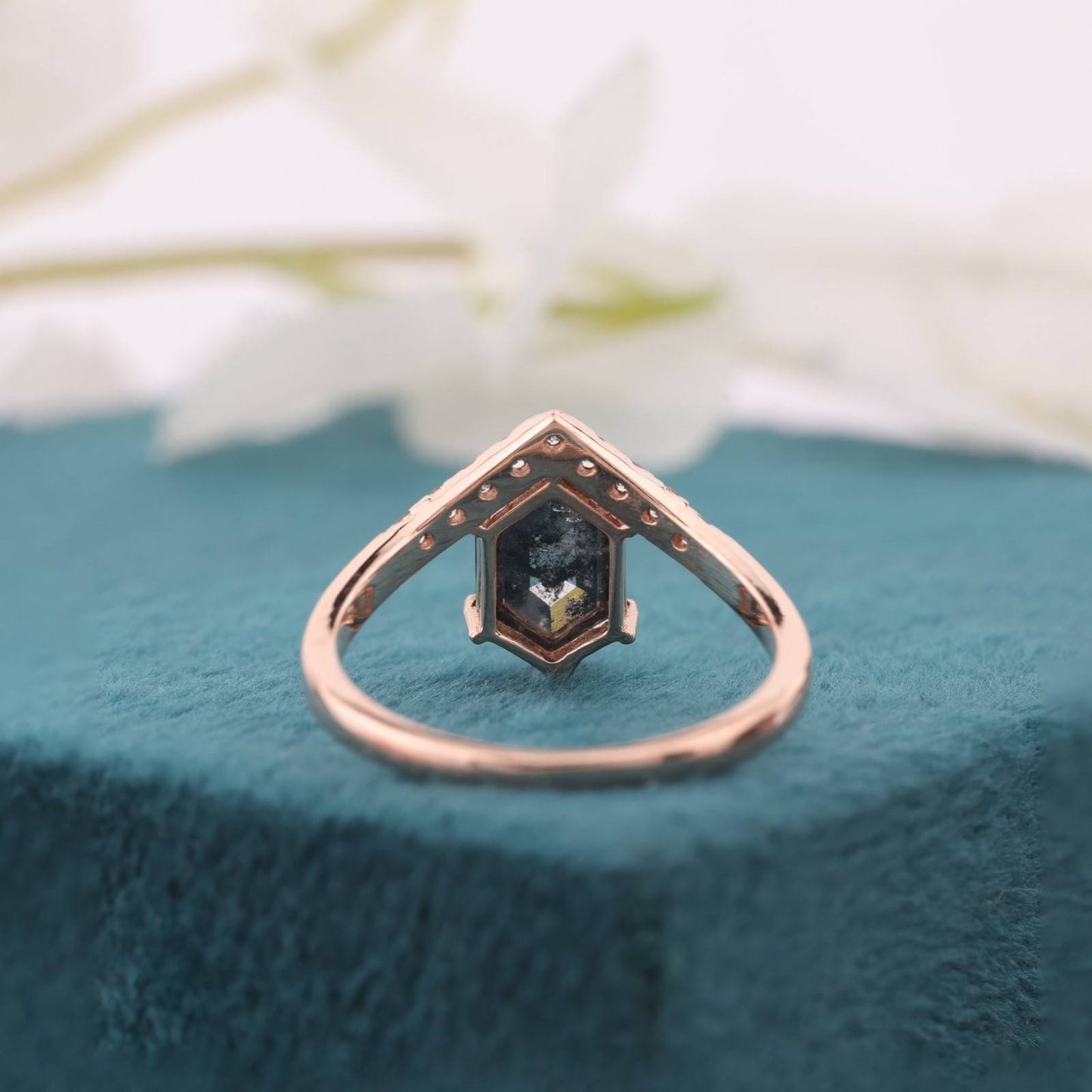 Hexagon Salt & Pepper Diamond Ring with Chevron Band