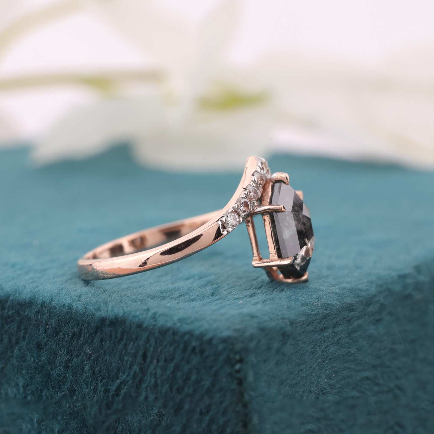 Hexagon Salt & Pepper Diamond Ring with Chevron Band
