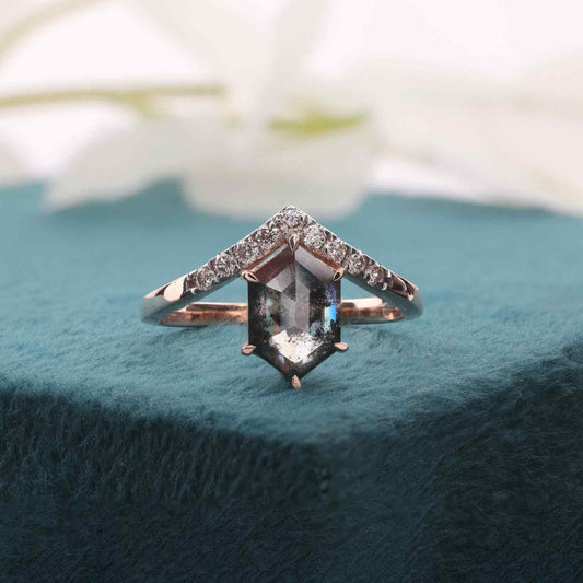 Hexagon Salt & Pepper Diamond Ring with Chevron Band