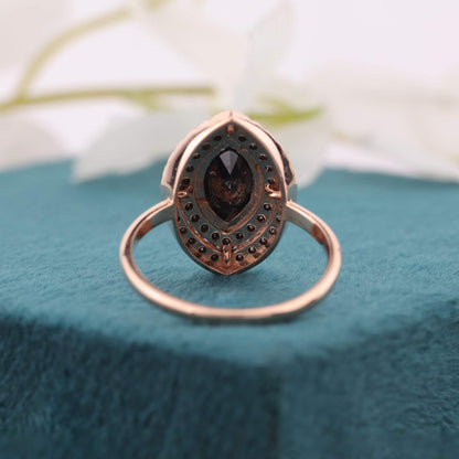 Glam Black Diamond Ring – Double Halo in Rose Gold