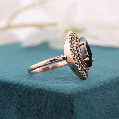 Glam Black Diamond Ring – Double Halo in Rose Gold