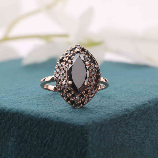 Glam Black Diamond Ring – Double Halo in Rose Gold