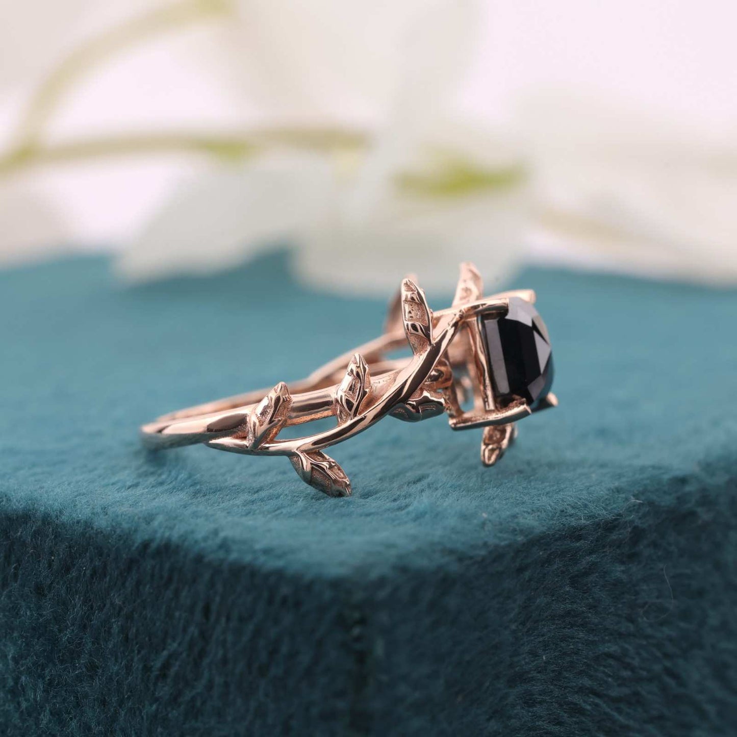 Emerald Cut Black Gem Ring – Rose Gold Leaf-Inspired Band