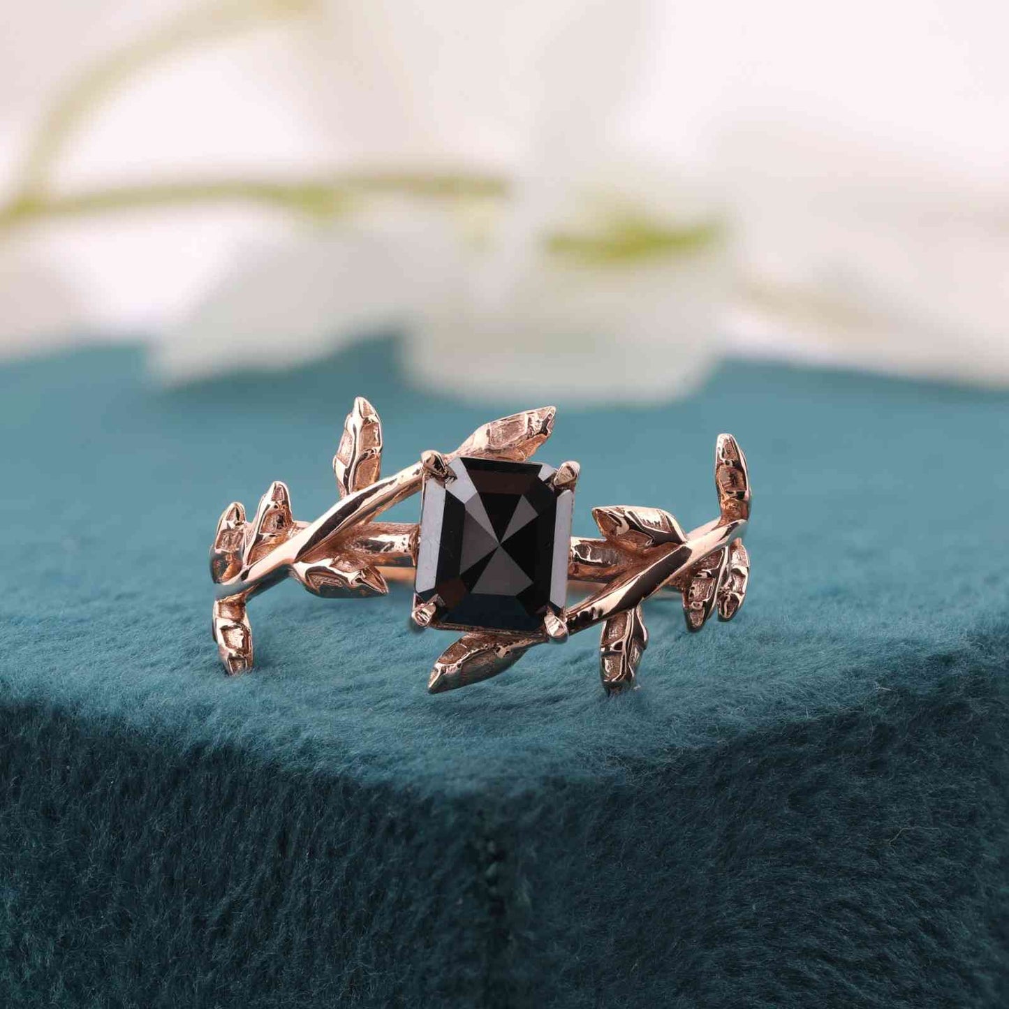Emerald Cut Black Gem Ring – Rose Gold Leaf-Inspired Band