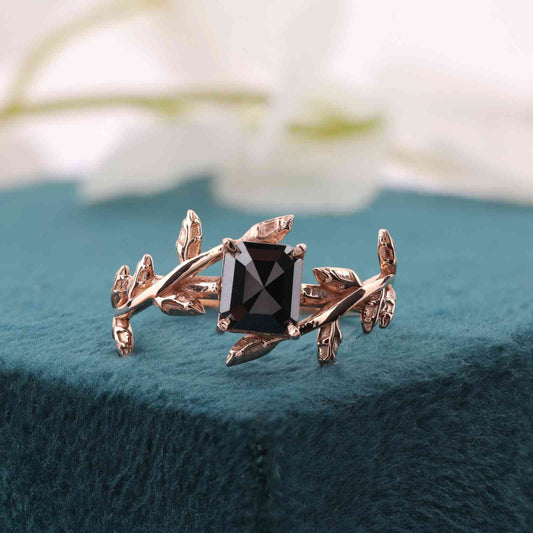 Emerald Cut Black Gem Ring – Rose Gold Leaf-Inspired Band