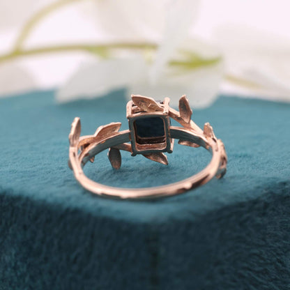 Emerald Cut Black Gem Ring – Rose Gold Leaf-Inspired Band