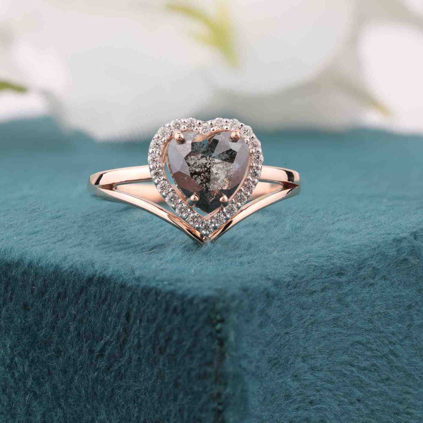 Rose Gold Heart Diamond Ring – Salt & Pepper Halo Design