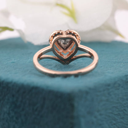 Rose Gold Heart Diamond Ring – Salt & Pepper Halo Design