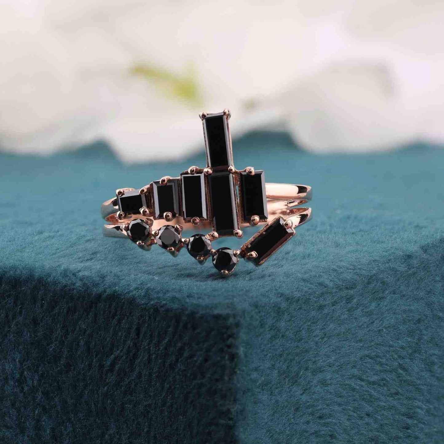 Black Diamond Ring in Rose Gold – Round & Baguette Cut