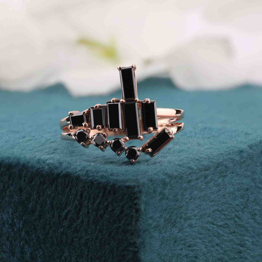 Black Diamond Ring in Rose Gold – Round & Baguette Cut