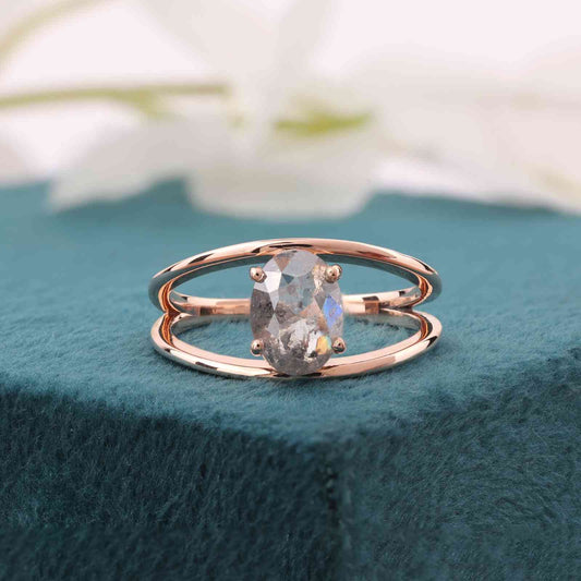 Rose Gold Open Band Ring – Oval Salt & Pepper Crystal