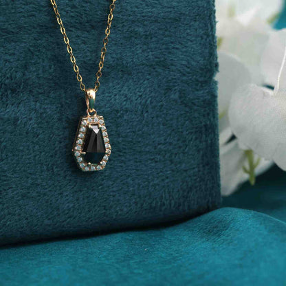 Gold Tone Coffin Pendant Necklace with Crystal Halo