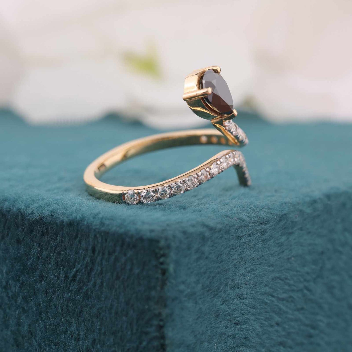 Unique Pear-Shaped Black Diamond Ring with Open Band