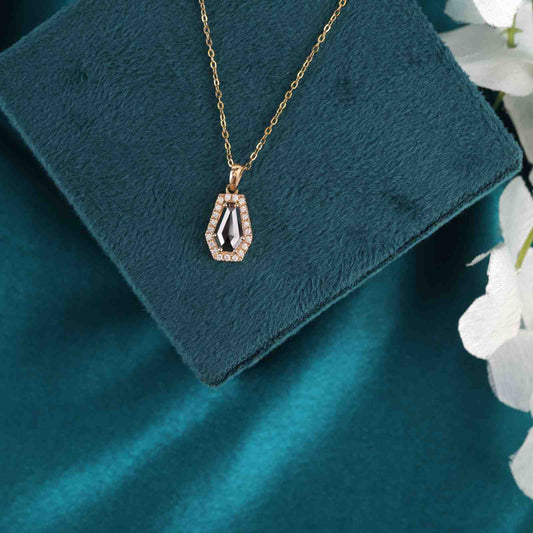 Gold Tone Coffin Pendant Necklace with Crystal Halo
