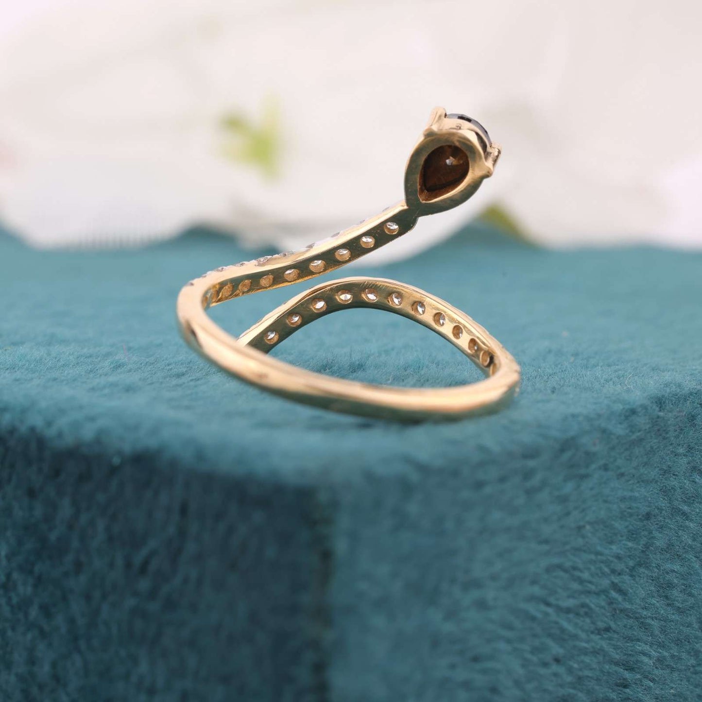 Unique Pear-Shaped Black Diamond Ring with Open Band