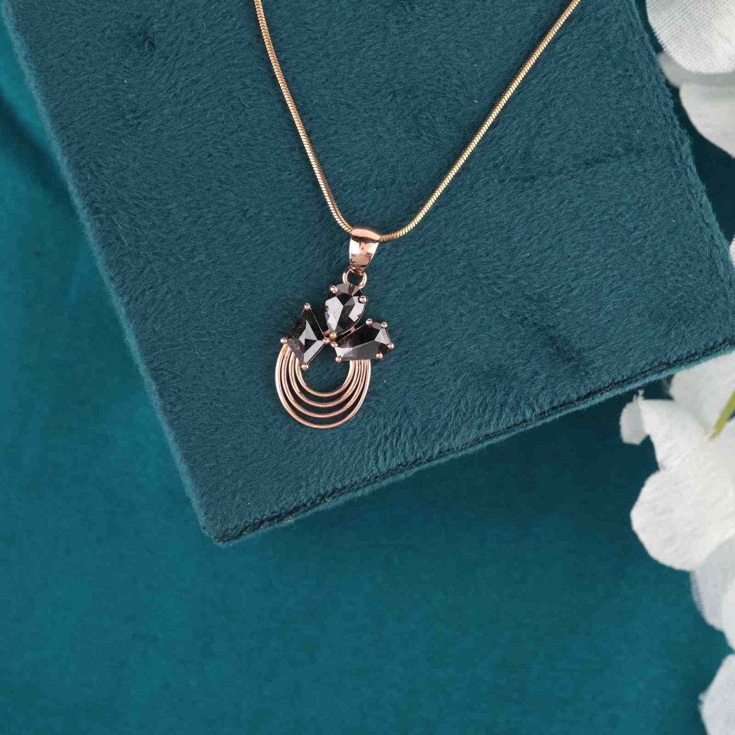 Minimalist Arc Necklace – Salt & Pepper Crystal in Rose Gold