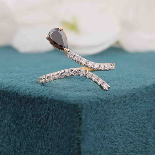 Unique Pear-Shaped Black Diamond Ring with Open Band