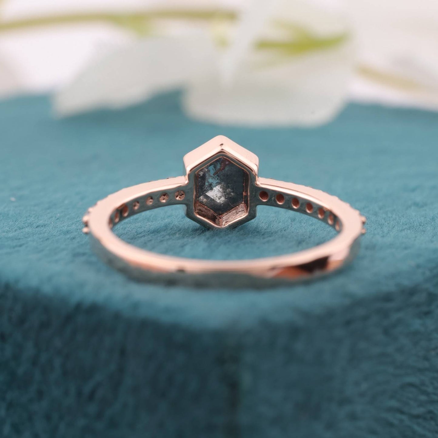 14KT Rose Gold Hexagon Diamond Ring with Black Band