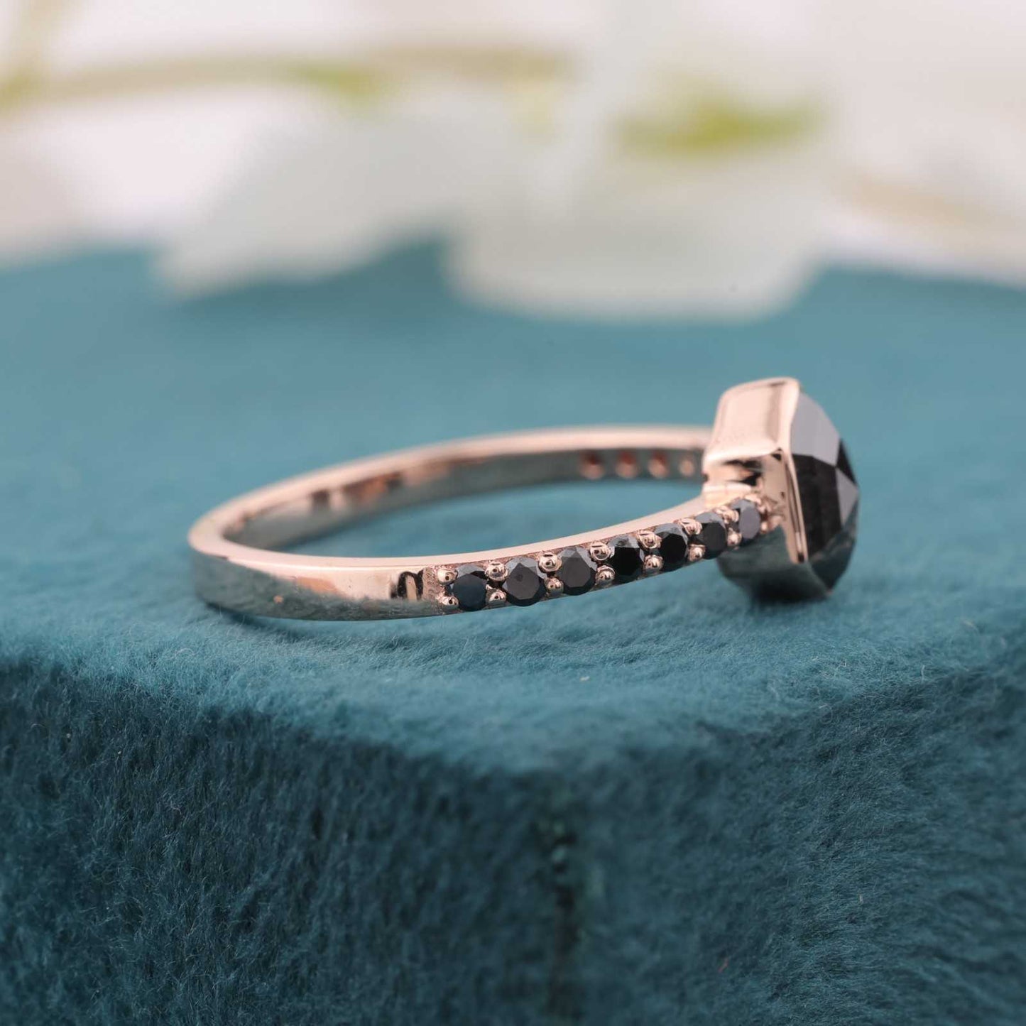 14KT Rose Gold Hexagon Diamond Ring with Black Band