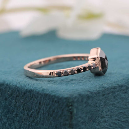 14KT Rose Gold Hexagon Diamond Ring with Black Band