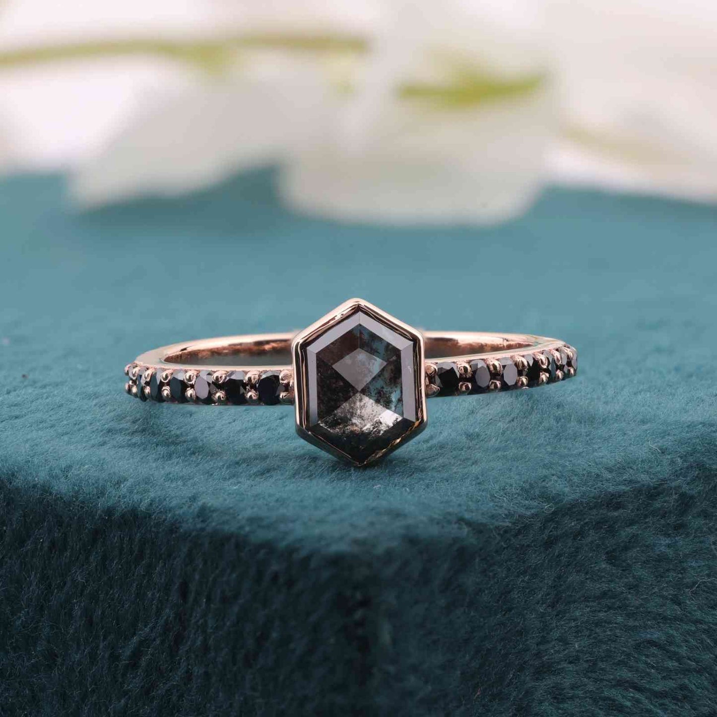 14KT Rose Gold Hexagon Diamond Ring with Black Band