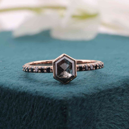 14KT Rose Gold Hexagon Diamond Ring with Black Band