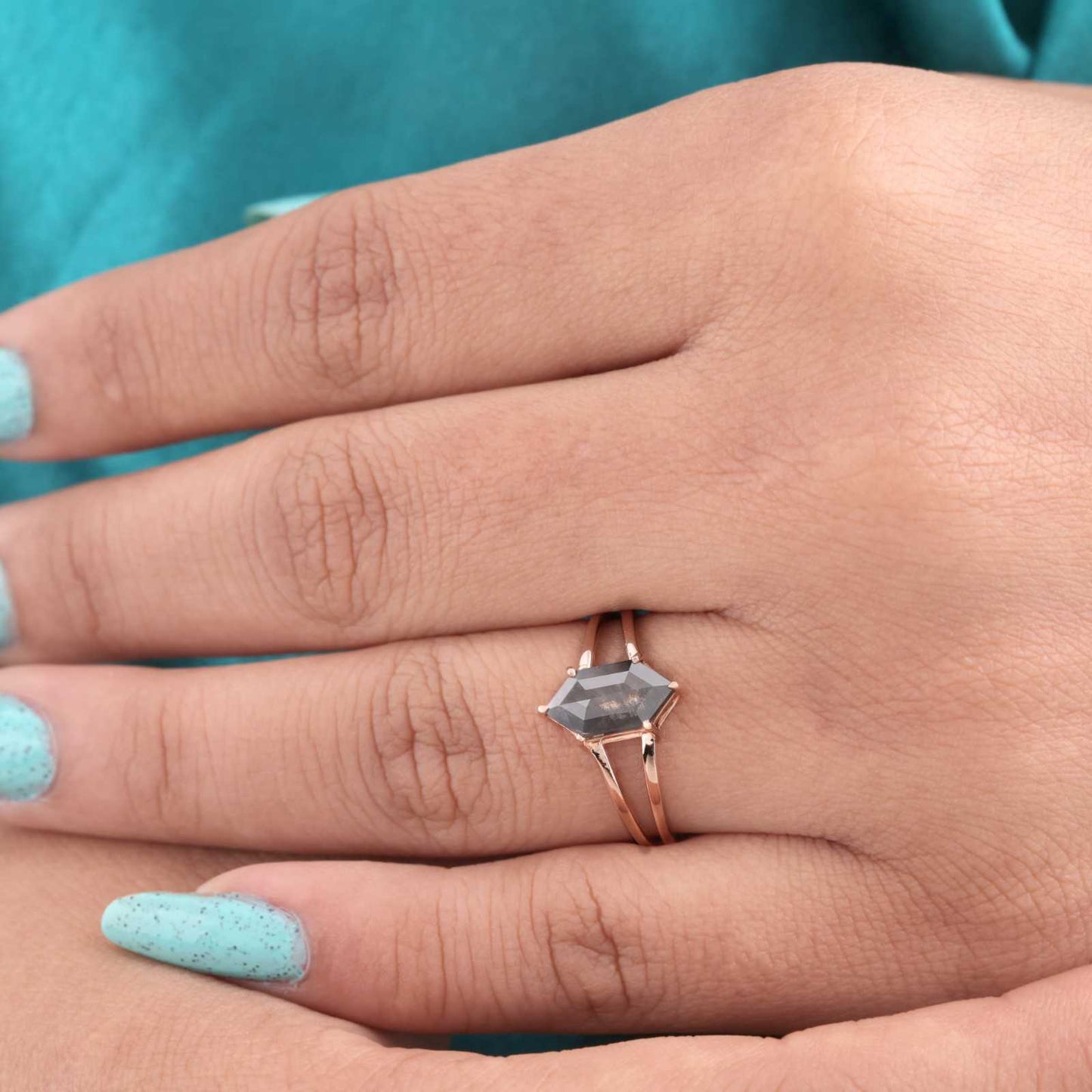 14KT Rose Gold Hexagon Ring with Salt & Pepper Diamond