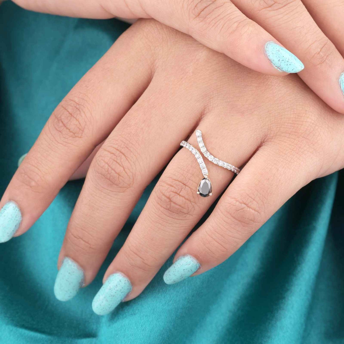 Unique Pear-Shaped Black Diamond Ring with Open Band