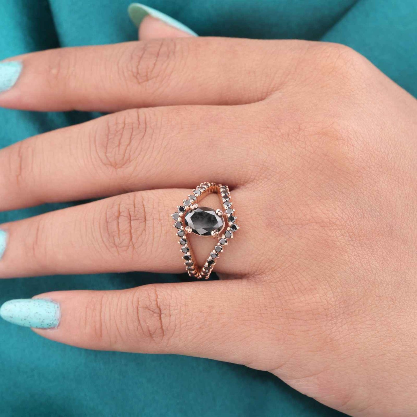 Dramatic Black Diamond Halo Ring – V-Shaped Rose Gold
