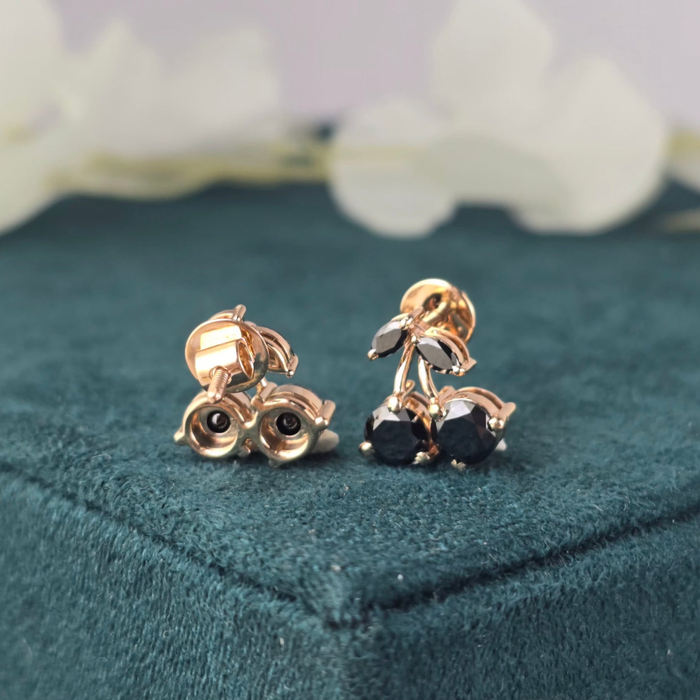 Black Diamond Cherry Studs – Playful Rose Gold Drop Earrings
