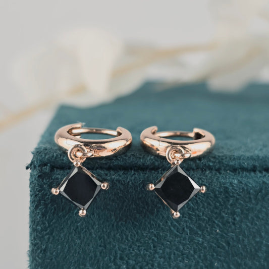 Modern Black Diamond Drop Hoops – 10K Rose Gold Huggies