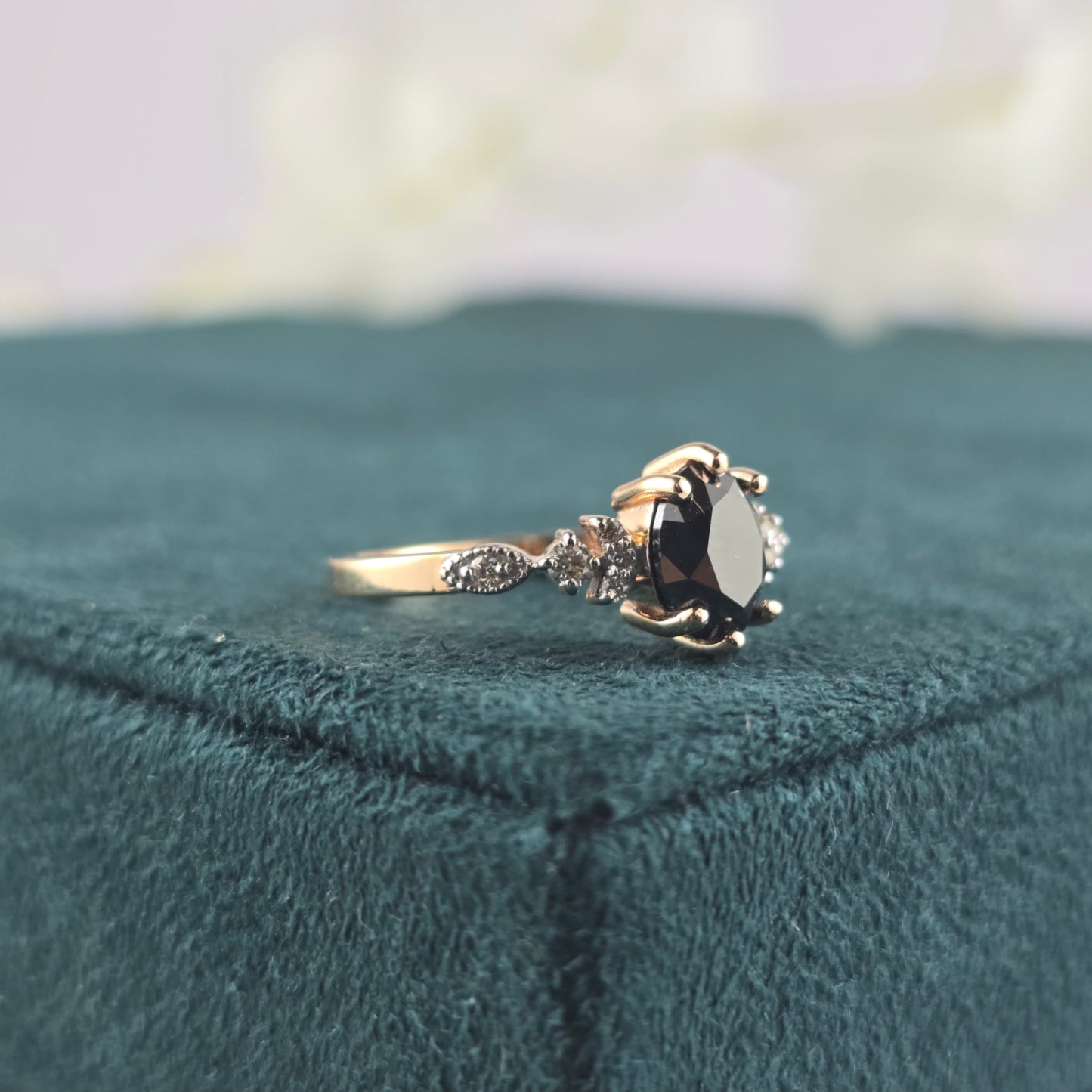 Rose Gold Black Diamond Ring – Oval Cut with White Stone Accents
