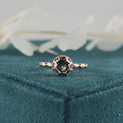 Dendritic Agate Solitaire in Rose Gold – Vintage Floral Ring