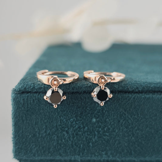 Black Diamond Drop Hoop Earrings – Elegant Rose Gold Style