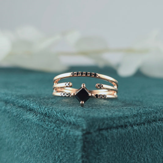 Princess Cut Black Diamond Ring – Bold Rose Gold Triple Band