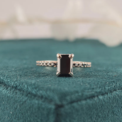 Emerald Cut Black Diamond Ring – 10K Rose Gold with Pave Band Accent