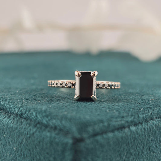 Emerald Cut Black Diamond Ring – 10K Rose Gold with Pave Band Accent