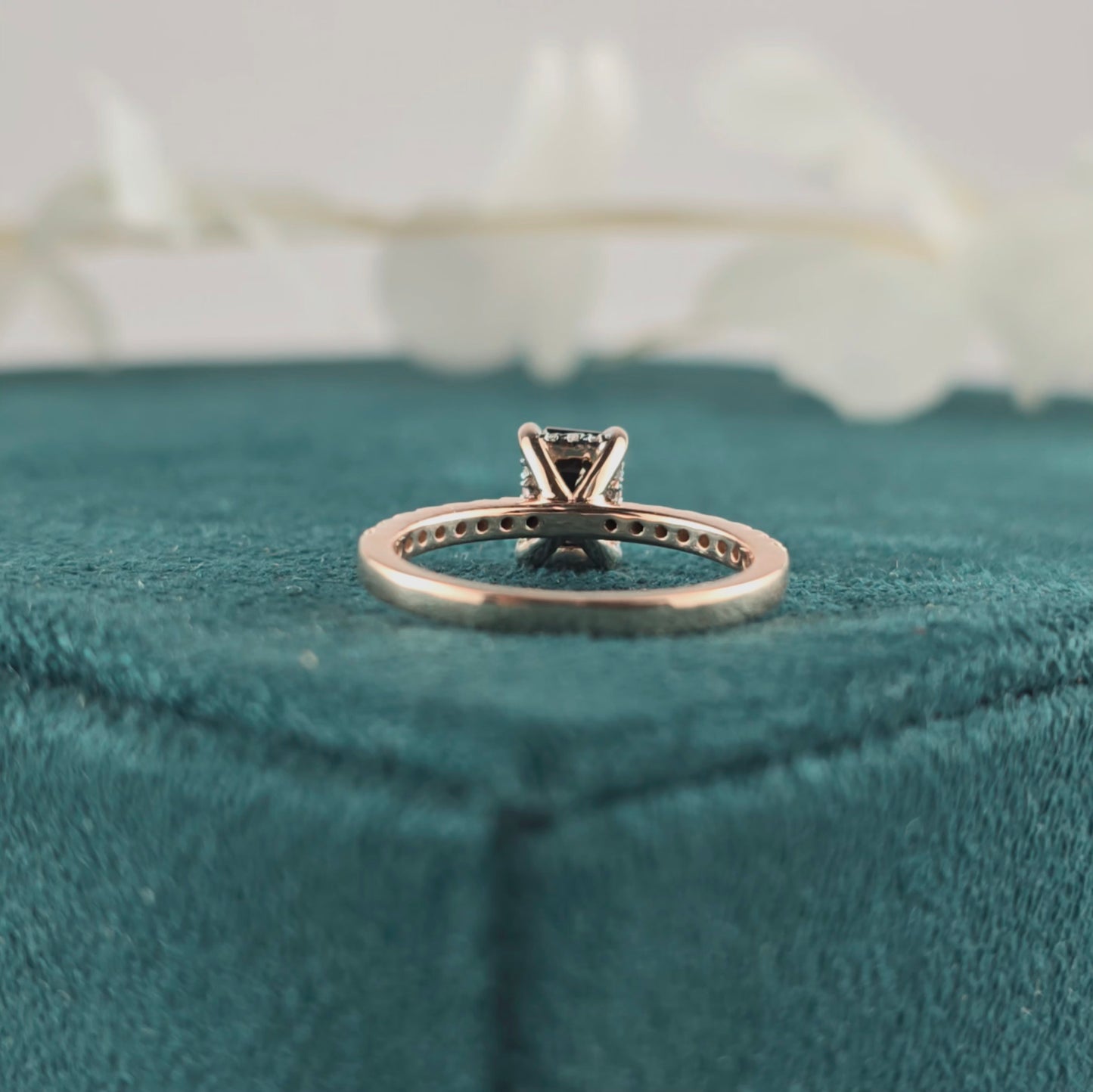 Emerald Cut Black Diamond Ring – 10K Rose Gold with Pave Band Accent