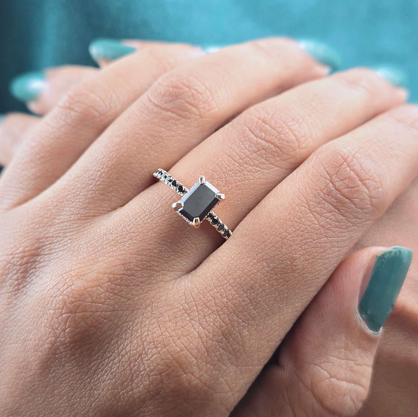 Emerald Cut Black Diamond Ring – 10K Rose Gold with Pave Band Accent