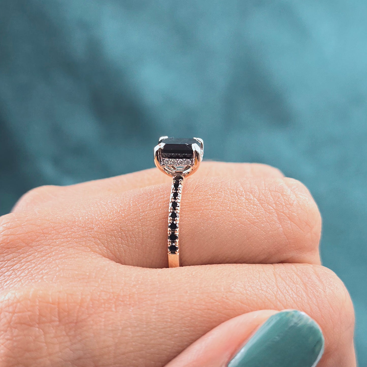 Emerald Cut Black Diamond Ring – 10K Rose Gold with Pave Band Accent
