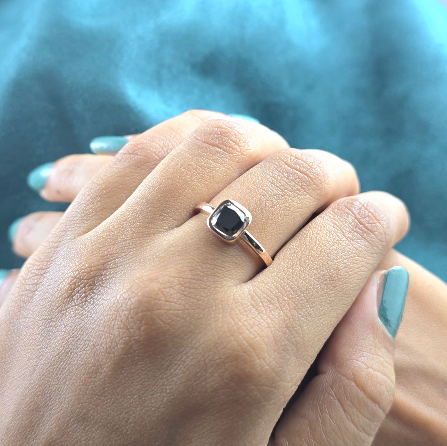 Cushion Black Diamond Ring – Bold Geometric in Rose Gold