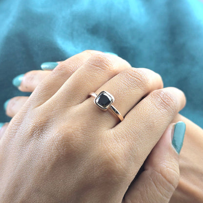 Cushion Black Diamond Ring – Bold Geometric in Rose Gold