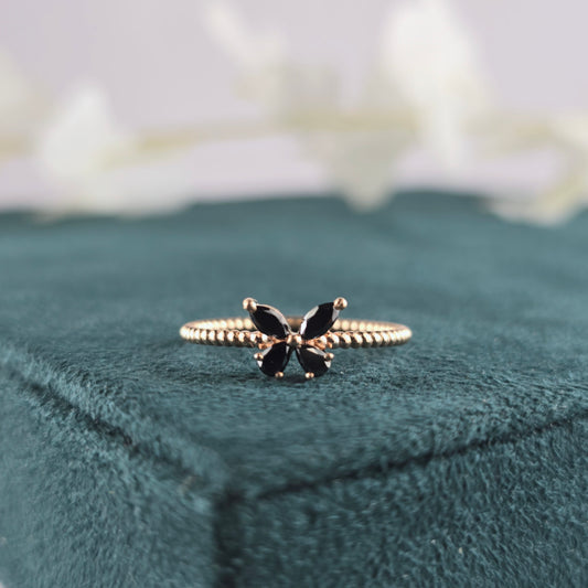 Butterfly Ring with Black Crystals – Textured Band Beauty
