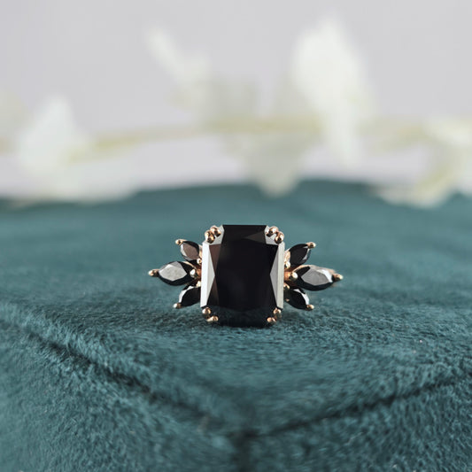 Art Deco Black Diamond Ring – Emerald Cut with Marquise Flair