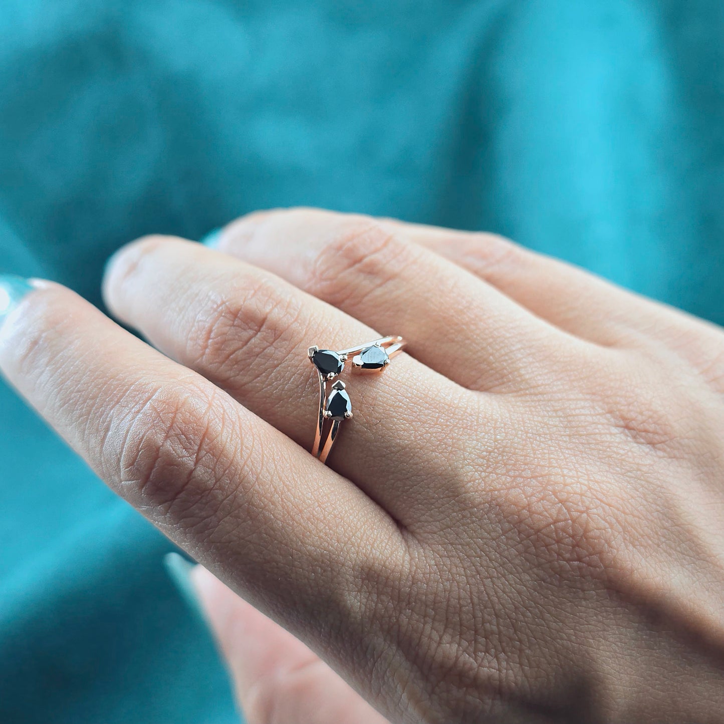 Triple Pear Black Diamond Ring in 10K Rose Gold – Bold & Beautiful