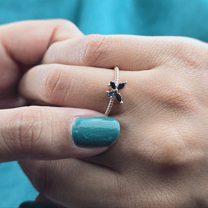 Butterfly Ring with Black Crystals – Textured Band Beauty